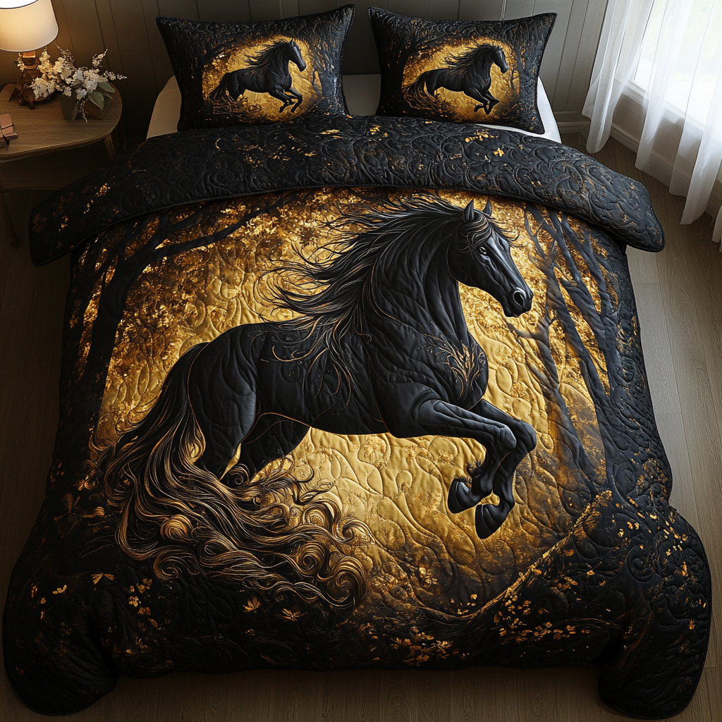 Elegant Horse Run Quilted Bedding Set Bed Decorations Memorial Gifts For Horse Lovers