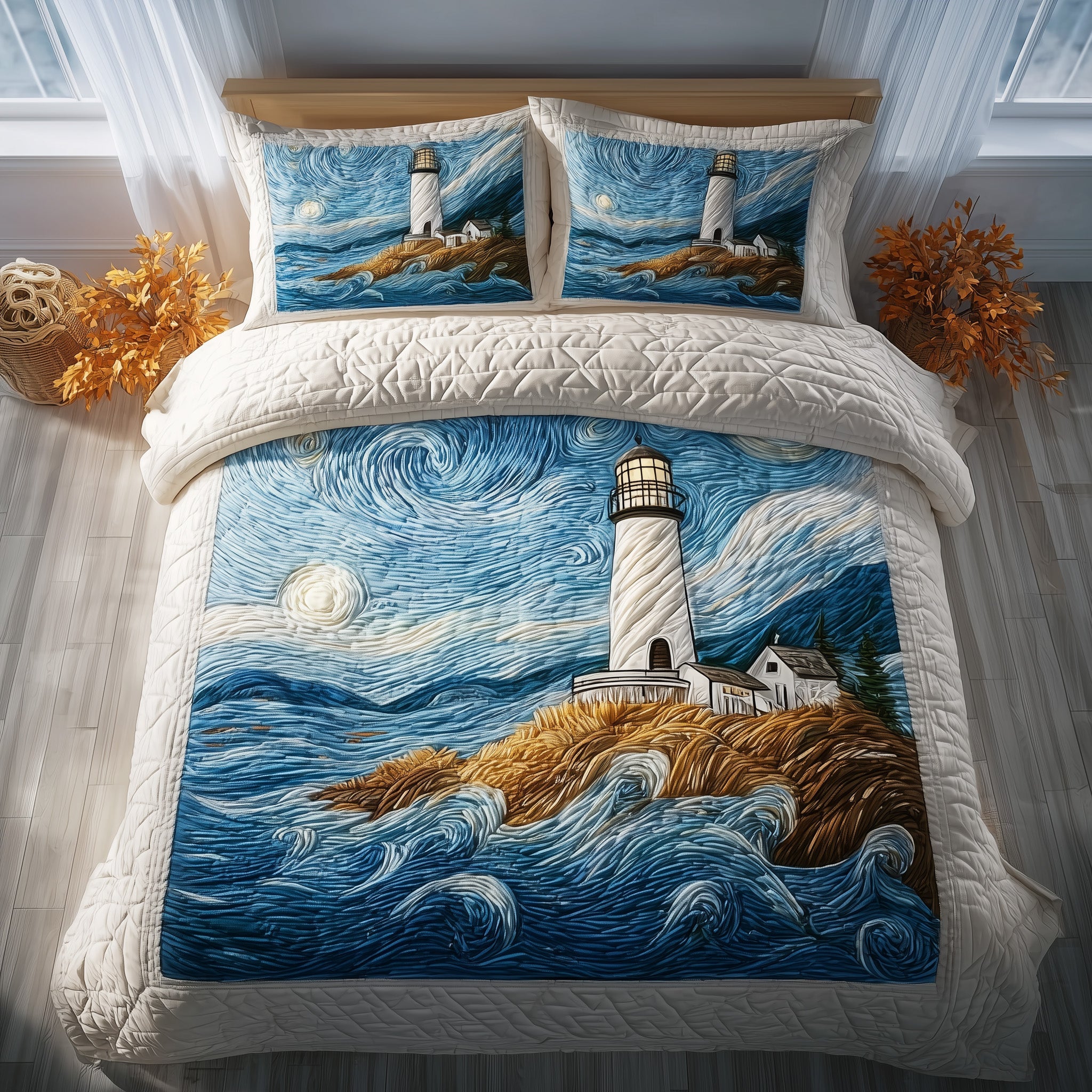 Elegant Lighthouse Quilted Bedding Set Seaside View Best Ocean Decor Bedding Gifts