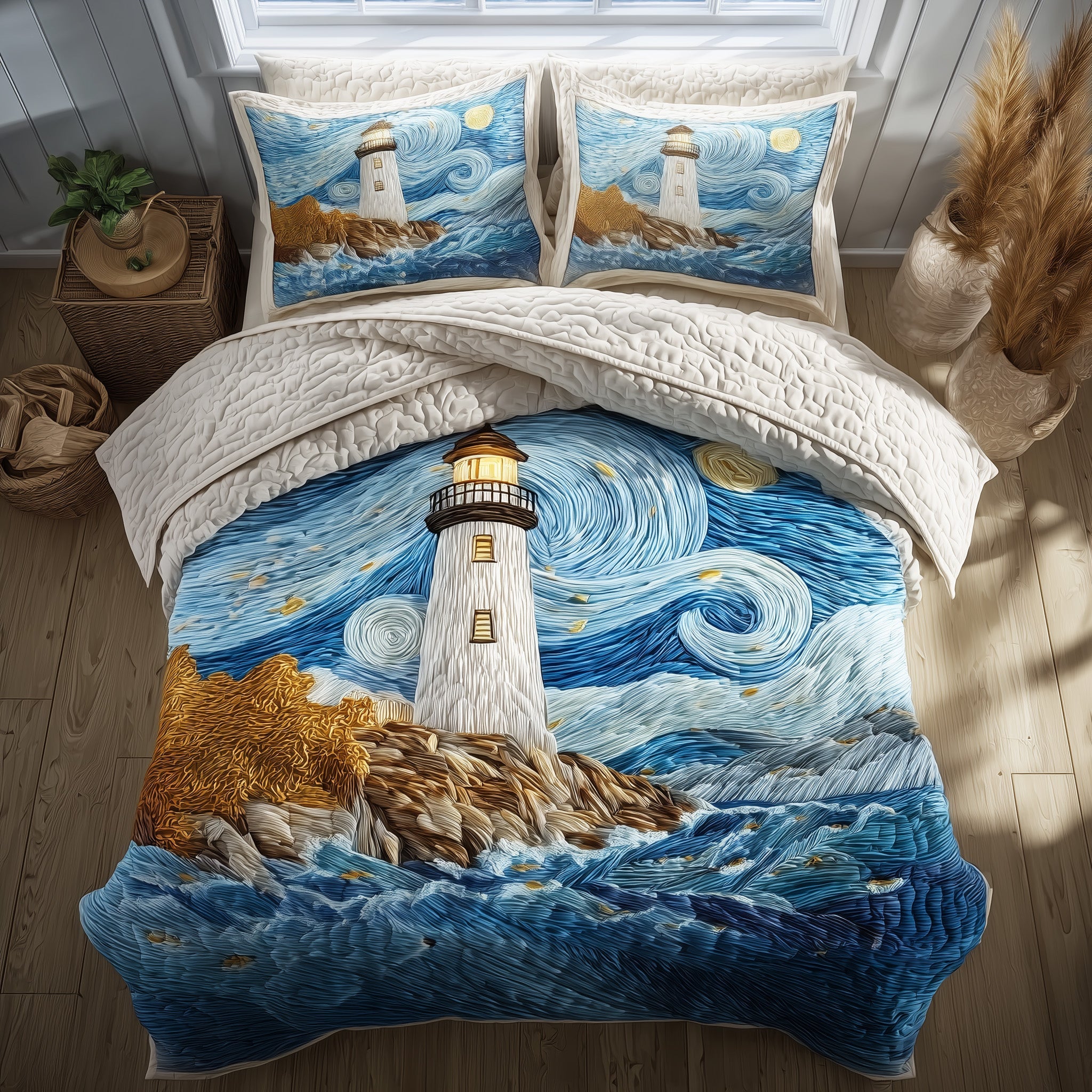 Elegant Lighthouse Quilted Bedding Set Starry Night Lighthouse Decor Unique Bedding Gifts