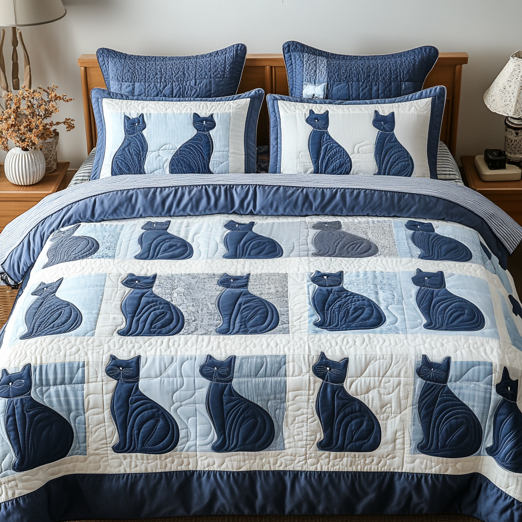 Elegant Paws Quilted Bedding Set Bed Decor Holiday Gifts For Cat Lovers
