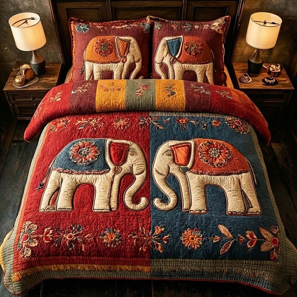 Elephant Gentle Jumbo Quilted Bedding Set Bohemian Bedroom Decorations Elephant Lover Gift