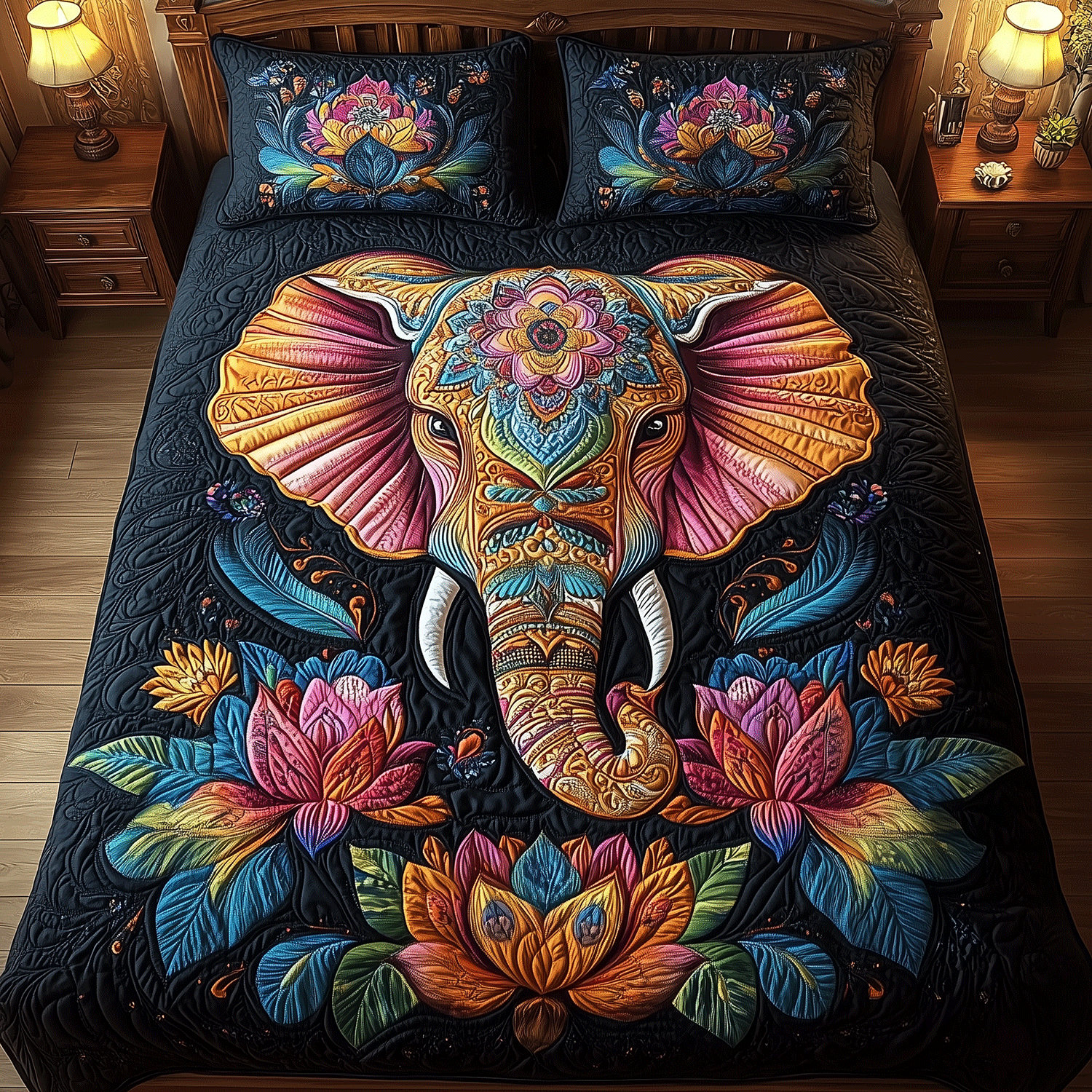 Elephant Lotus Serenity Quilted Bedding Set Elephant Anniversary Gifts