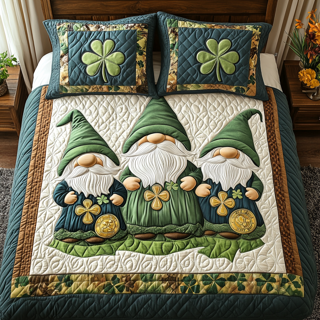 Emerald Gnome Dreams Quilted Bedding Set Gnome Themed Gifts