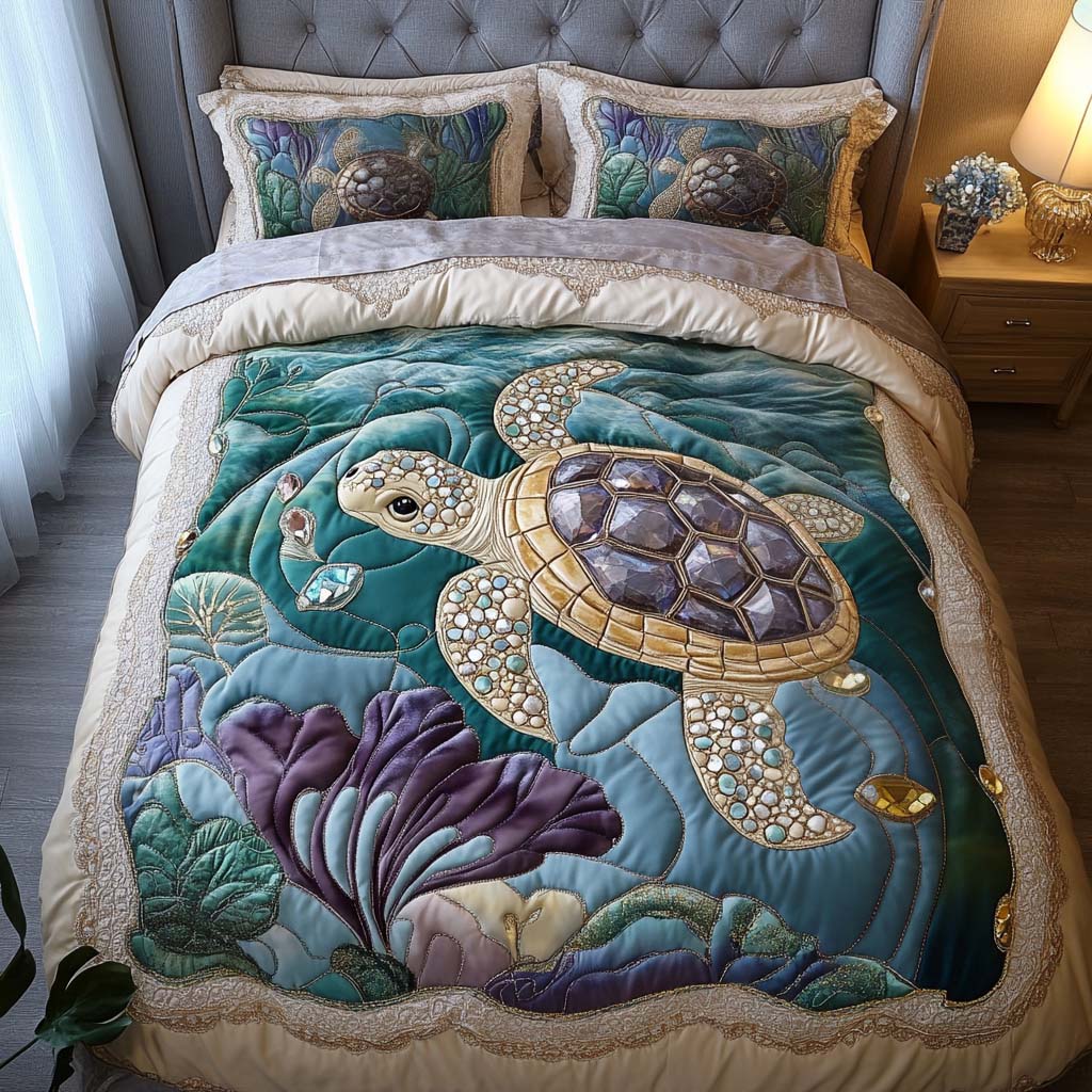 Emerald Seashell Quilted Bedding Set Sea Turtle Gift Ideas