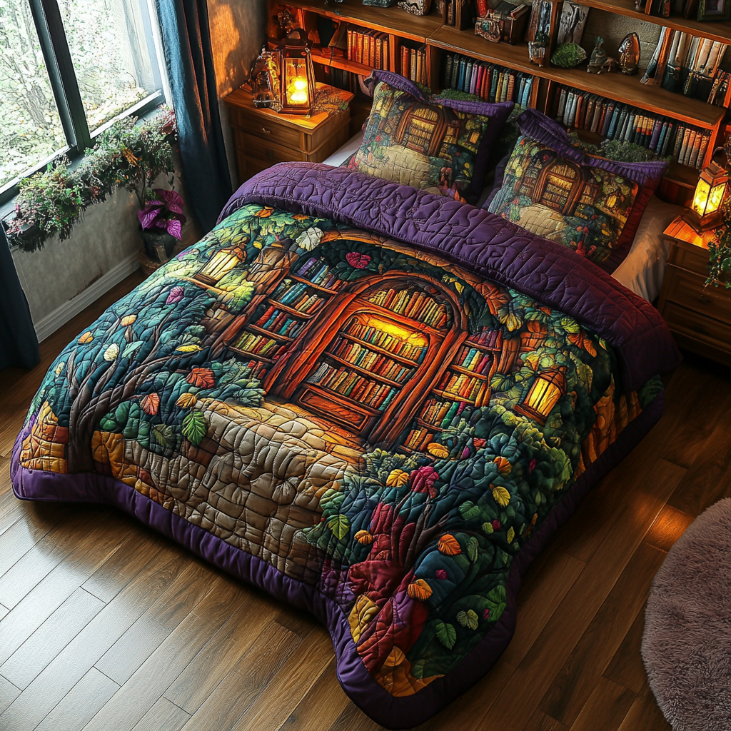 Enchanted Bookshelf Quilted Bedding Set Cool Gifts For Readers