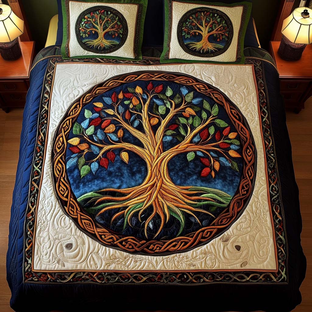 Eternal Roots Quilted Bedding Set Tree Of Life Throw Blanket