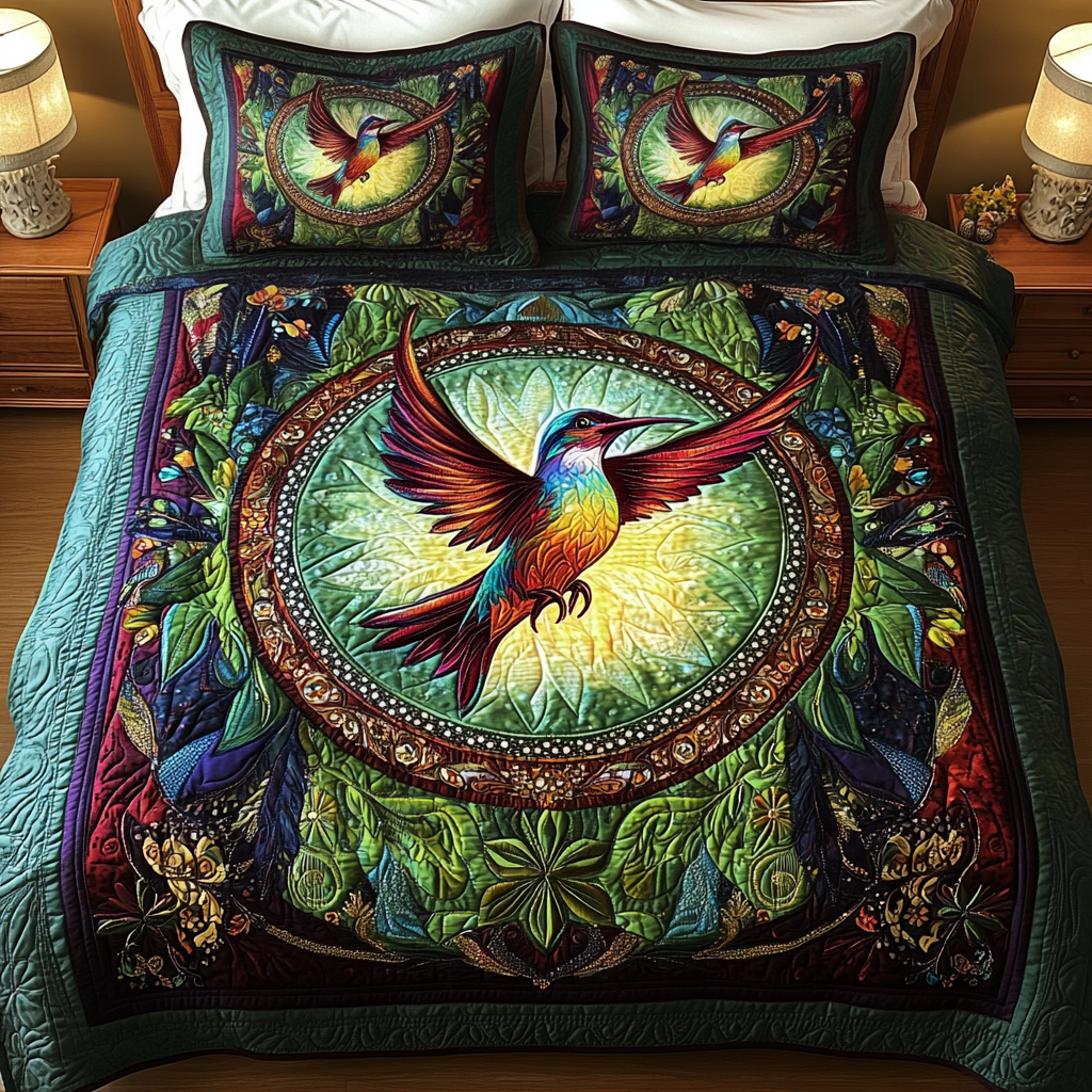 Feathered Fantasy Quilted Bedding Set Hummingbird Gifts For Her