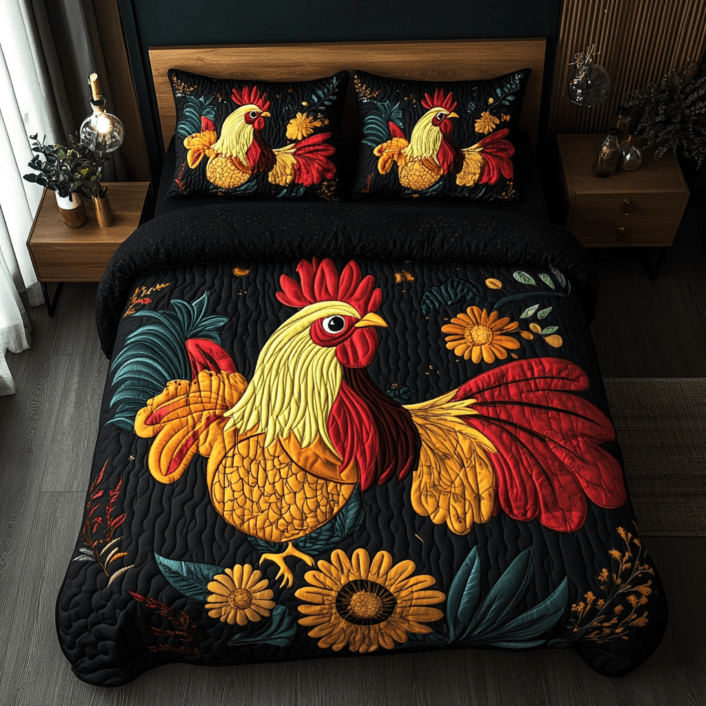 Feathered Fiesta Quilted Bedding Set Gifts For People Who Raise Chickens
