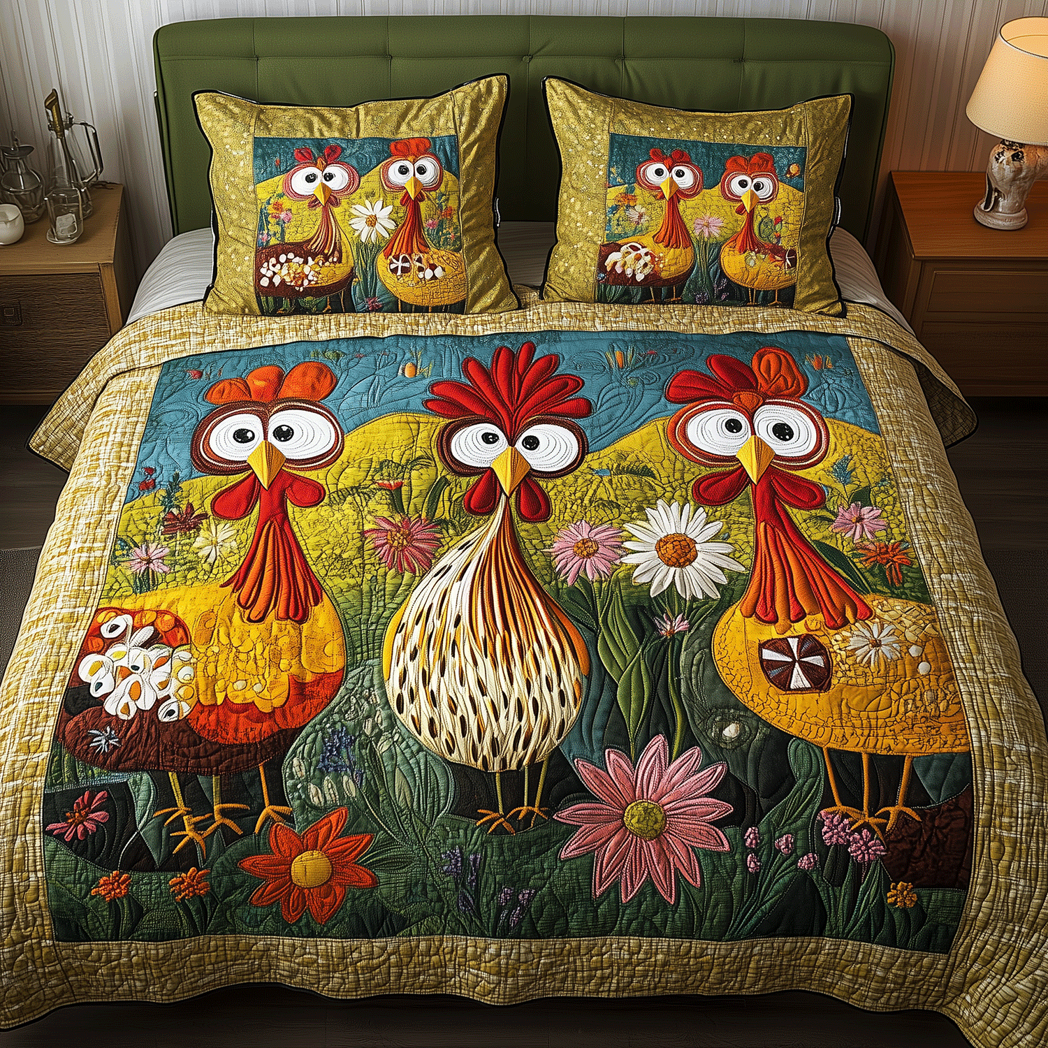 Feathered Floral Dreams Quilted Bedding Set Gifts For Chicken Owners