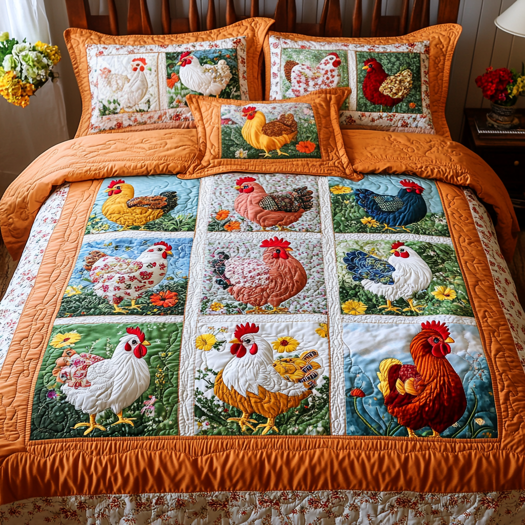 Feathered Friends Quilted Bedding Set Chicken Themed Gifts