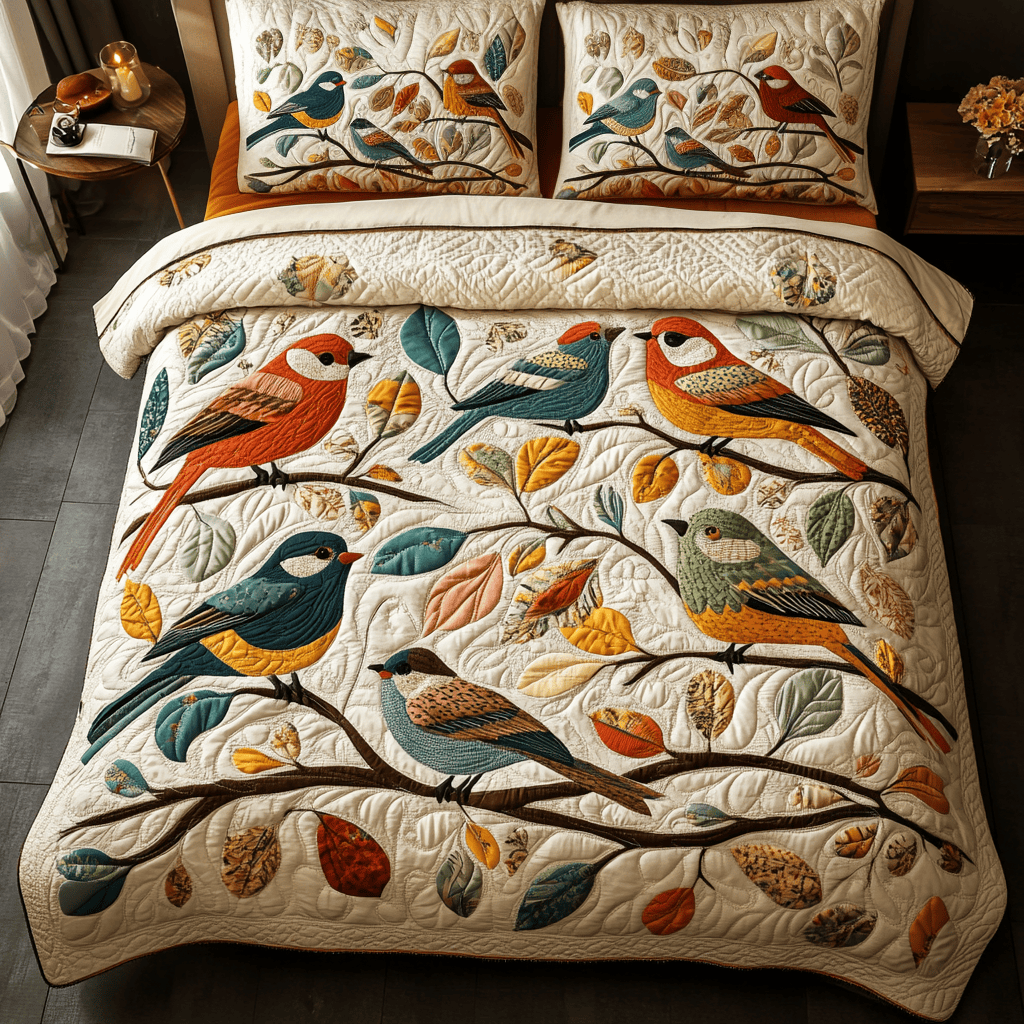 Feathered Harmony Quilted Bedding Set Presents For Bird Lovers