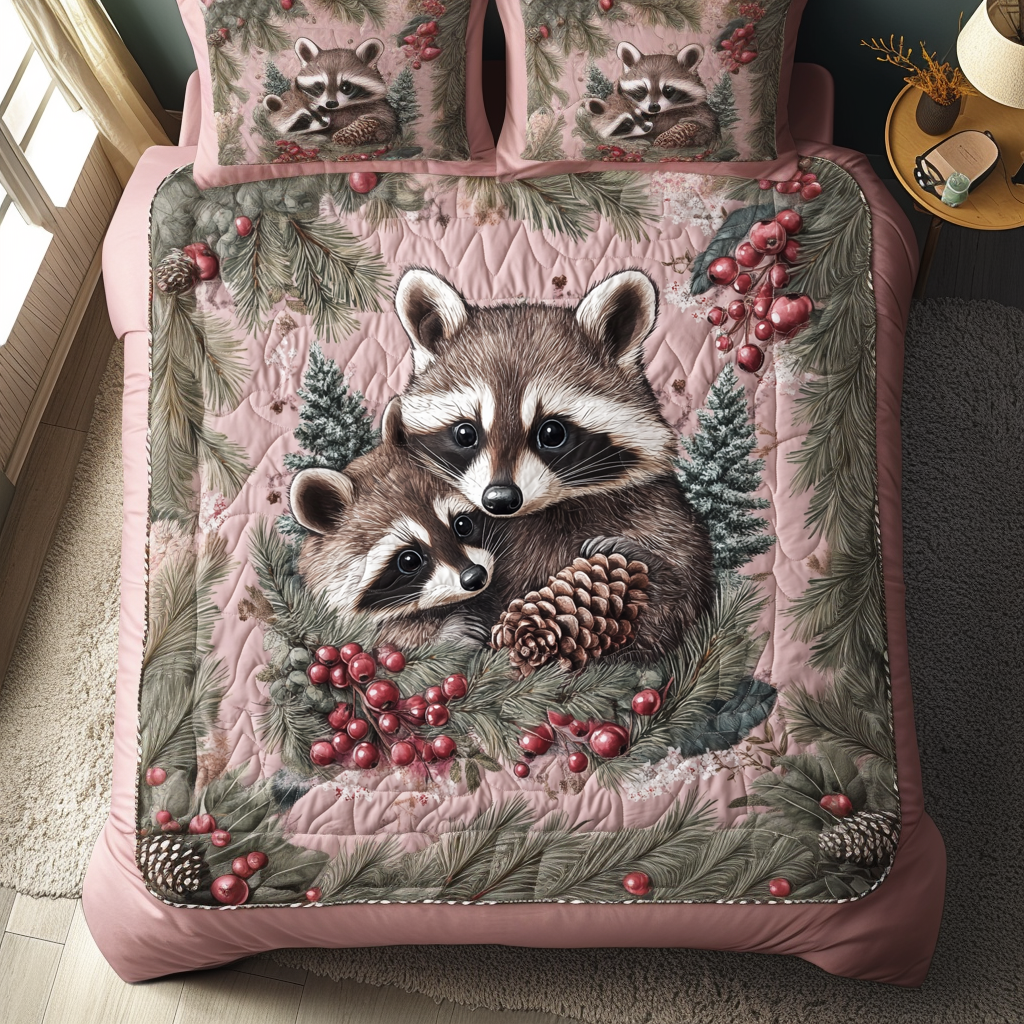 Fern and Fur Quilted Bedding Set Holiday Duvet Covers Gifts For Racoon Lovers