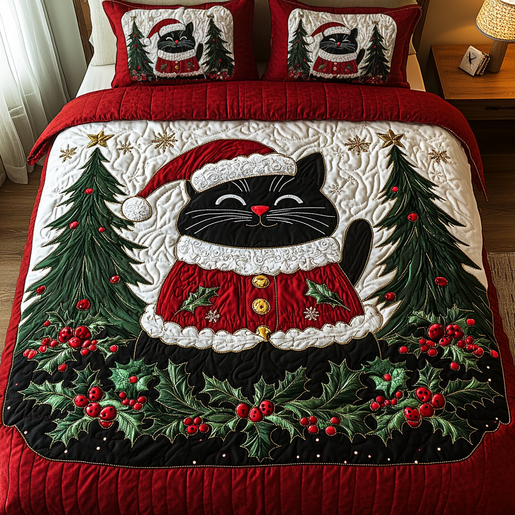 Festive Cat Quilted Bedding Set Gifts For Cat People