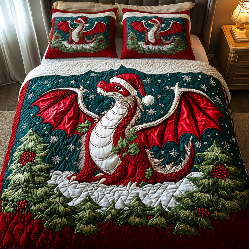 Festive Dragon Quilted Bedding Set Gift For Dragon Lover