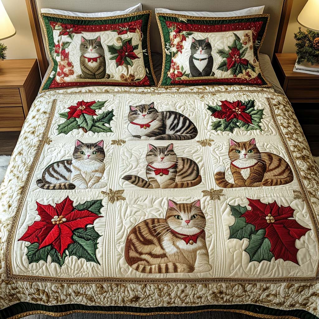 Festive Feline Charm Quilted Bedding Set Cat Mom Gifts