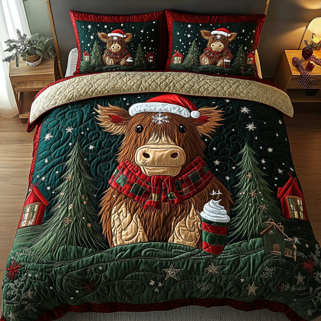 Festive Highland Quilted Bedding Set Gifts For Cattle Lovers