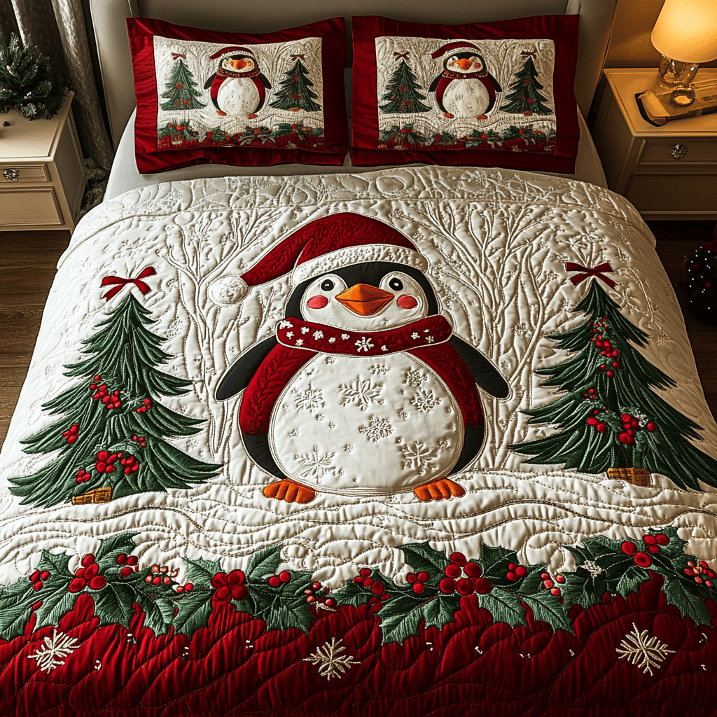 Festive Penguin Quilted Bedding Set Gift For Penguin Lover