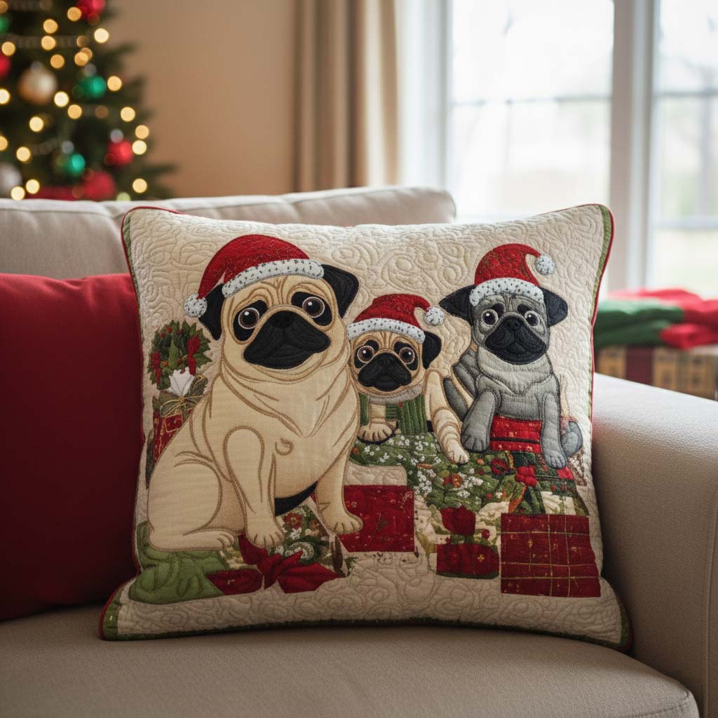 Festive Pug Trio Quilted Pillow Case Holiday Pillow Case Christmas Gifts For Dog Lovers