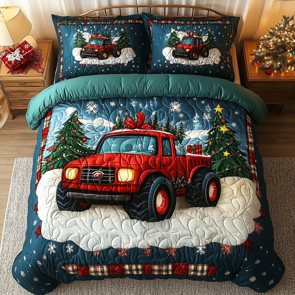 Festive Red Truck Quilted Bedding Set Christmas Gift For Brother