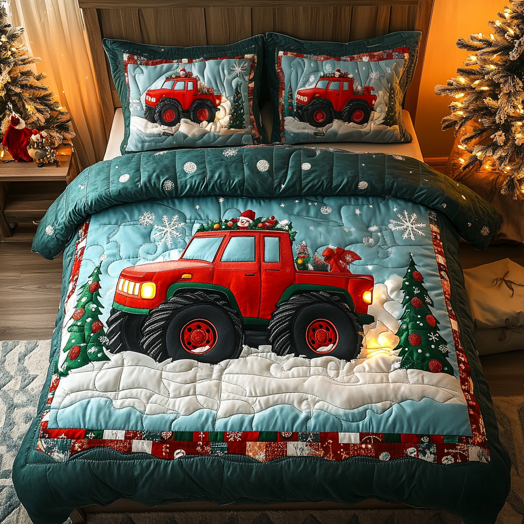 Festive Truck Adventure Quilted Bedding Set Christmas Presents For Mum
