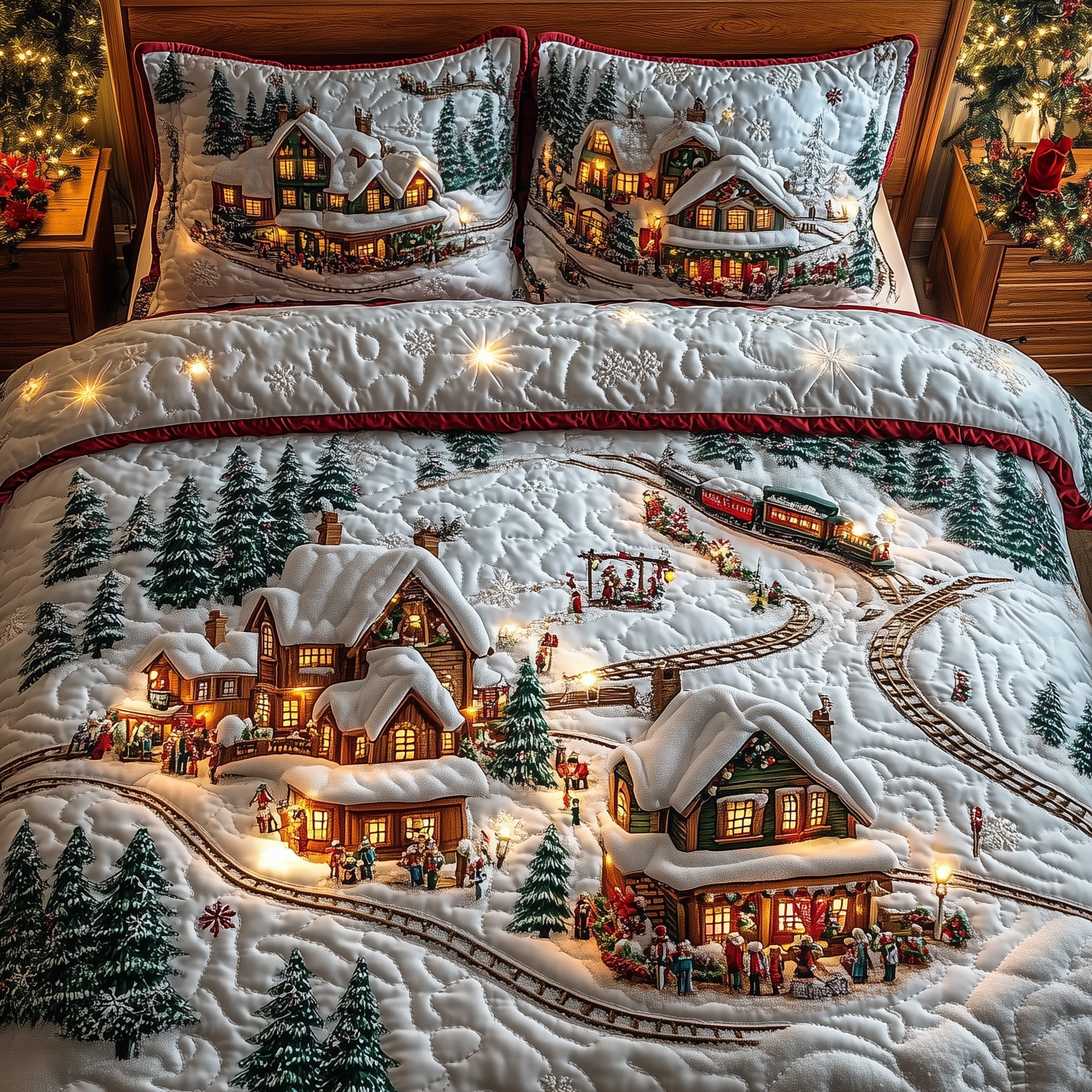 Festive Village Quilted Bedding Set Snow Scene Holiday Quilt Awesome Xmas Bedding Presents