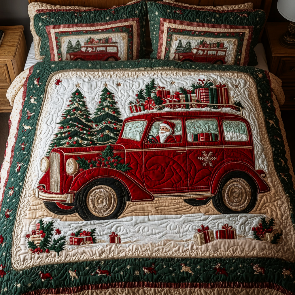 Festive Wheels Quilted Bedding Set Christmas Gift For Mom