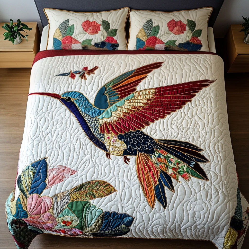 Floral Flight Quilted Bedding Set Cool Bedroom Decor Novelty Hummingbird Presents