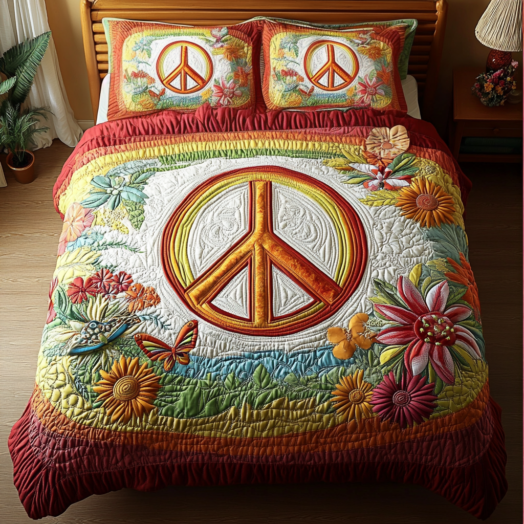 Flower Power Quilted Bedding Set Best Bed Sheet Set Hippie Gifts For Her