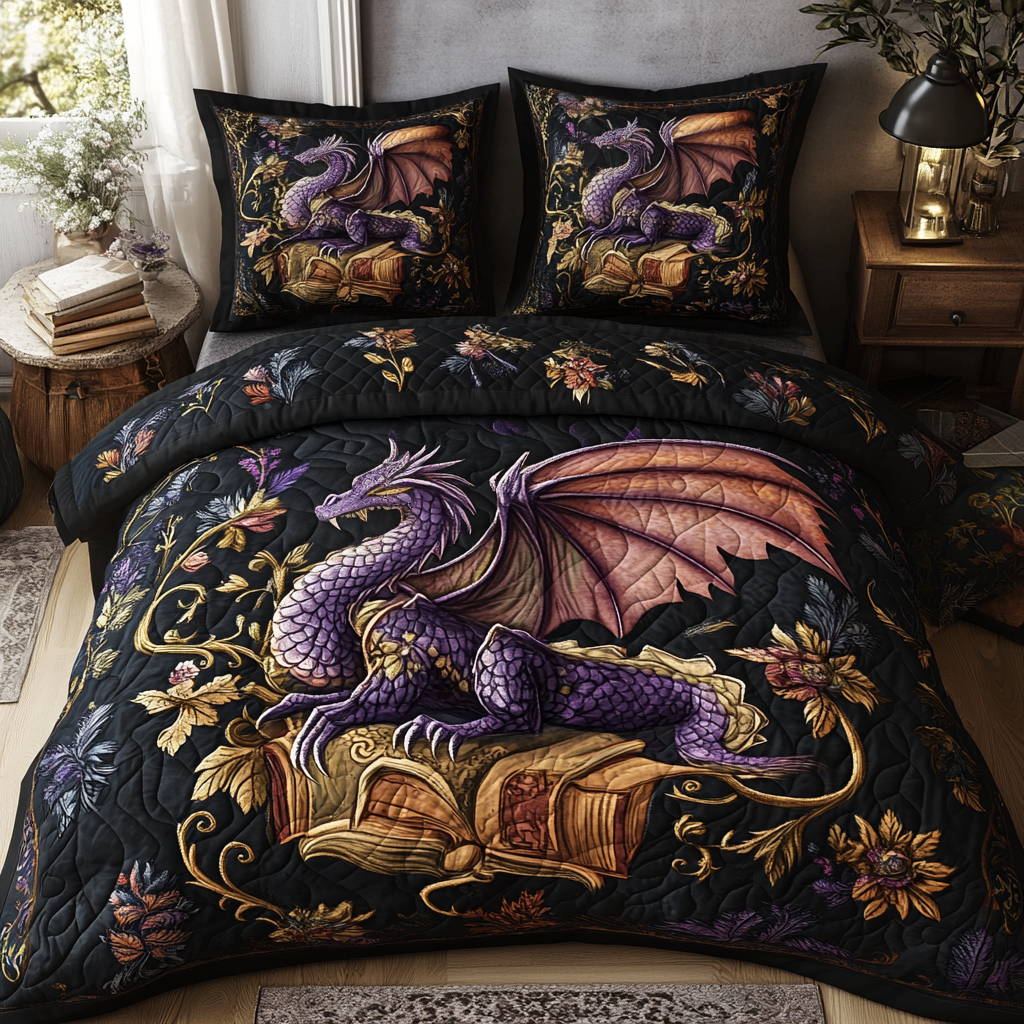 Folklore Dragon Quilted Bedding Set Cute Room Decor Dragon Themed Presents