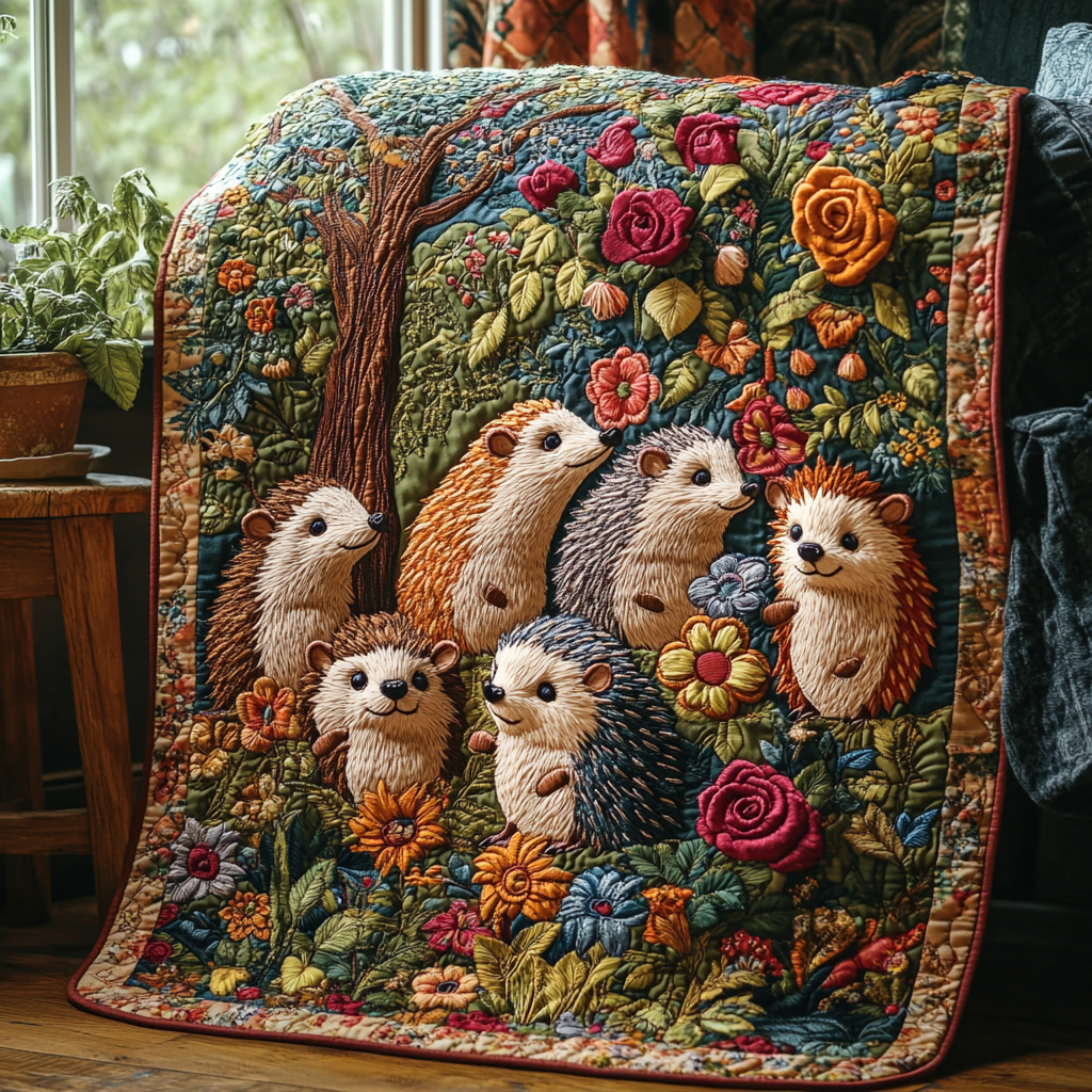Forest Friend Quilted Blanket Cute Throw Blanket Gift For Hedgehog Owners