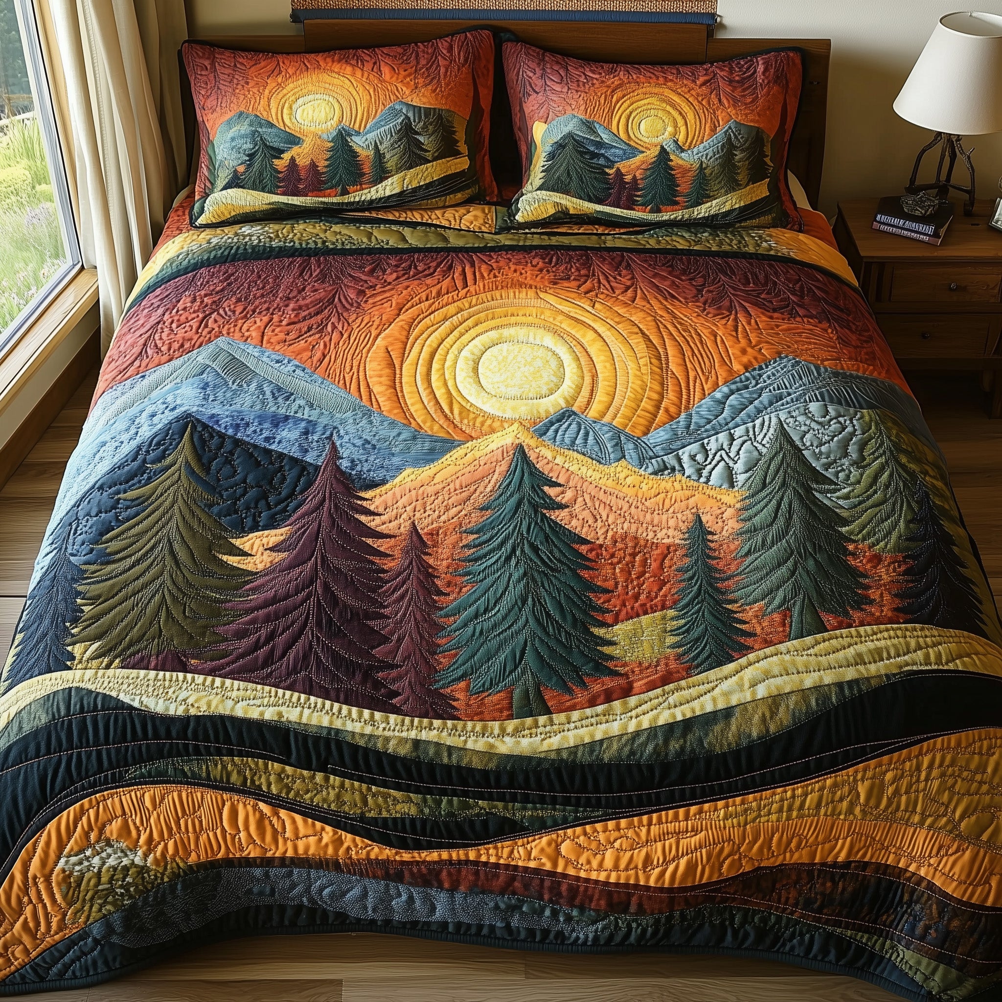 Forest Joy Quilted Bedding Set Pine Tree Landscape Natural Scene Bedding Gifts