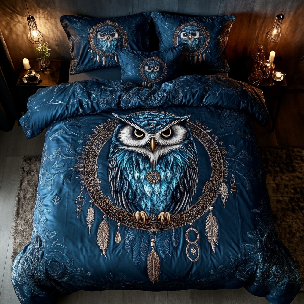 Forest Sentinel Quilted Bedding Set Gift For Owl Lover