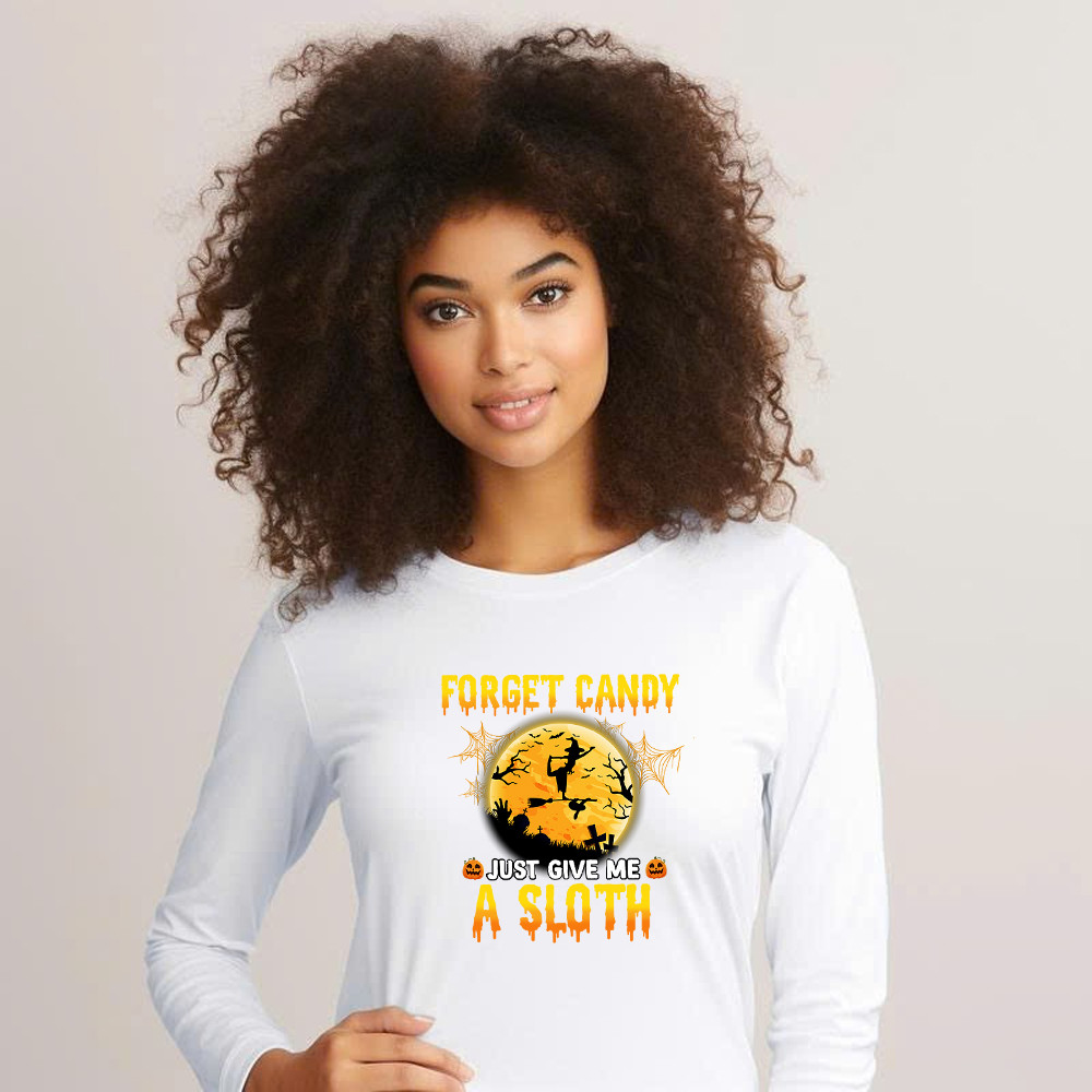 Forget Candy Just Give Me A Sloth Shirt Funny Witch Happy Halloween Long Sleeve Shirt Sloth Lovers Gift Basgiathsweatshirts - Image 4