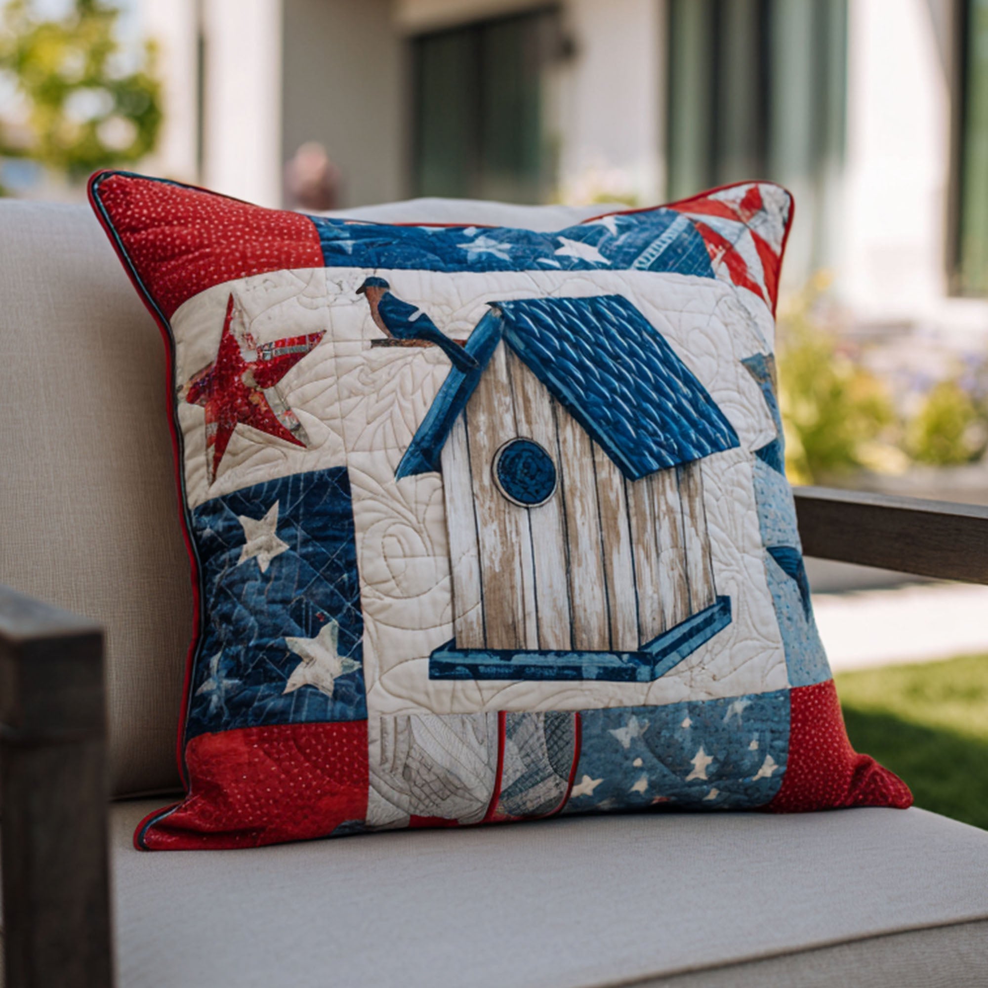 Freedom Birdhouse Quilted Pillow Case Decorative Throw Pillow Covers Patriotic Christmas Gifts