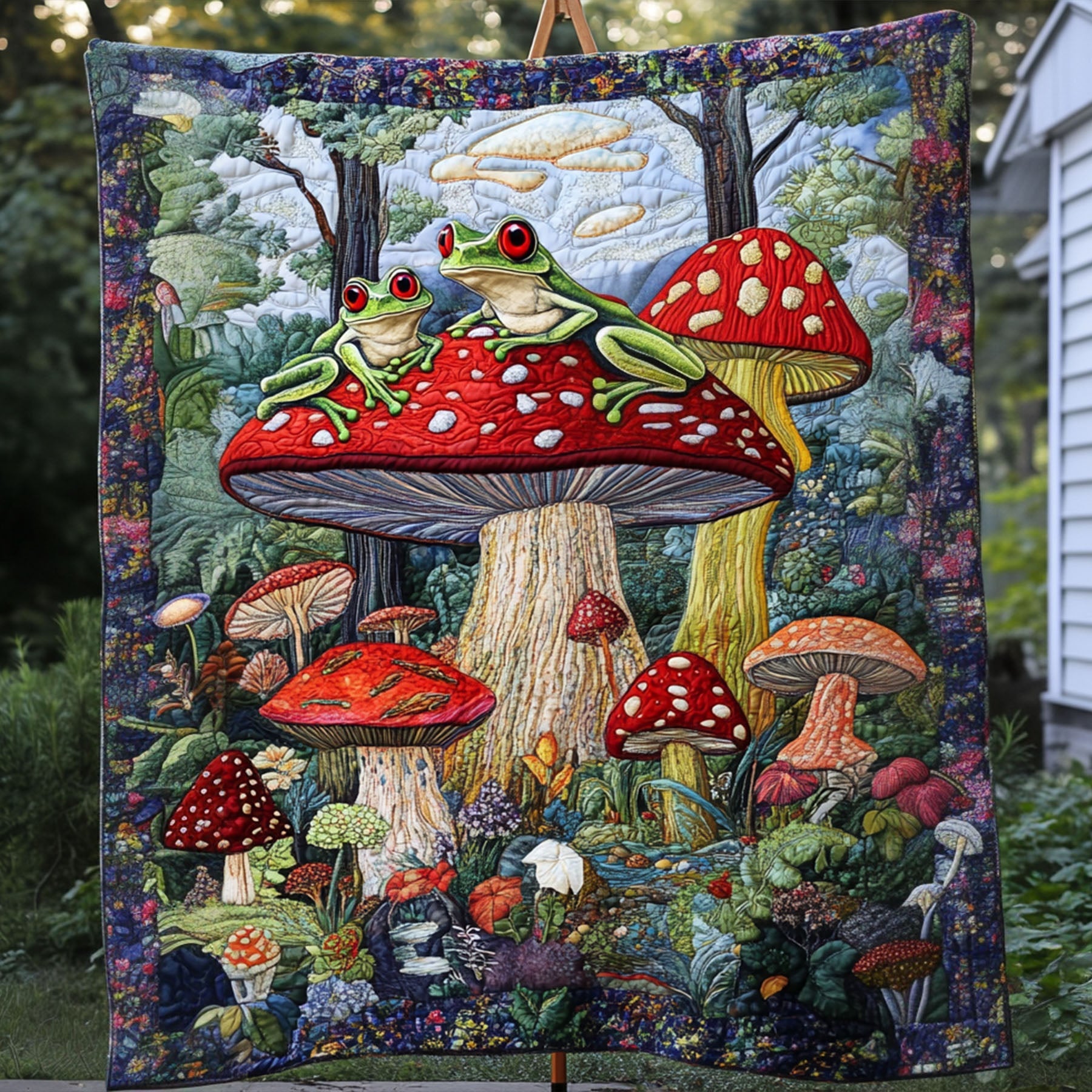 Frogs and Fungi Fantasy Quilted Blanket Xmas Holiday Gift For Frog Lover