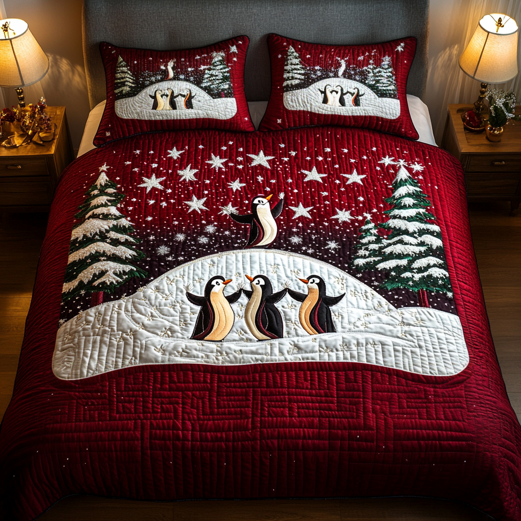 Frosty Dance Quilted Bedding Set Penguin Theme Gifts