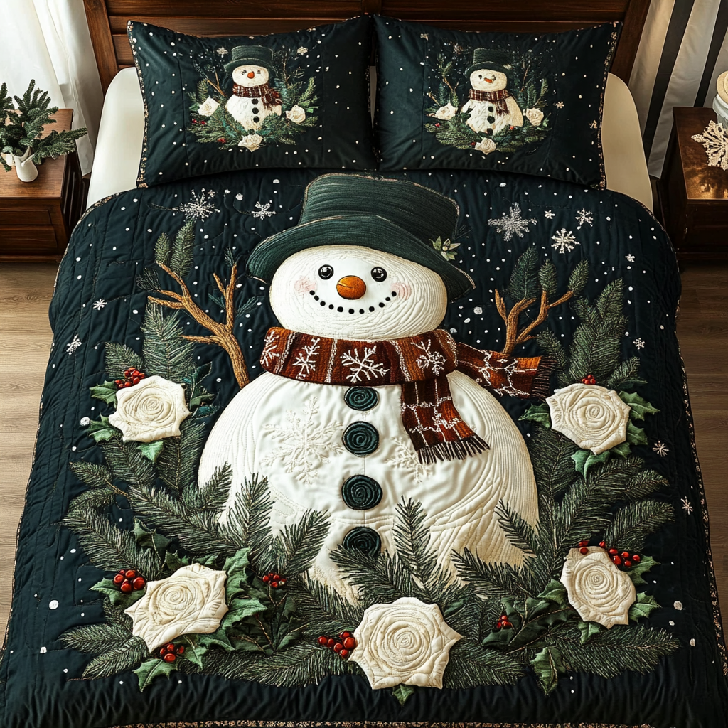 Frosty Joy Quilted Bedding Set Snowman Christmas Presents