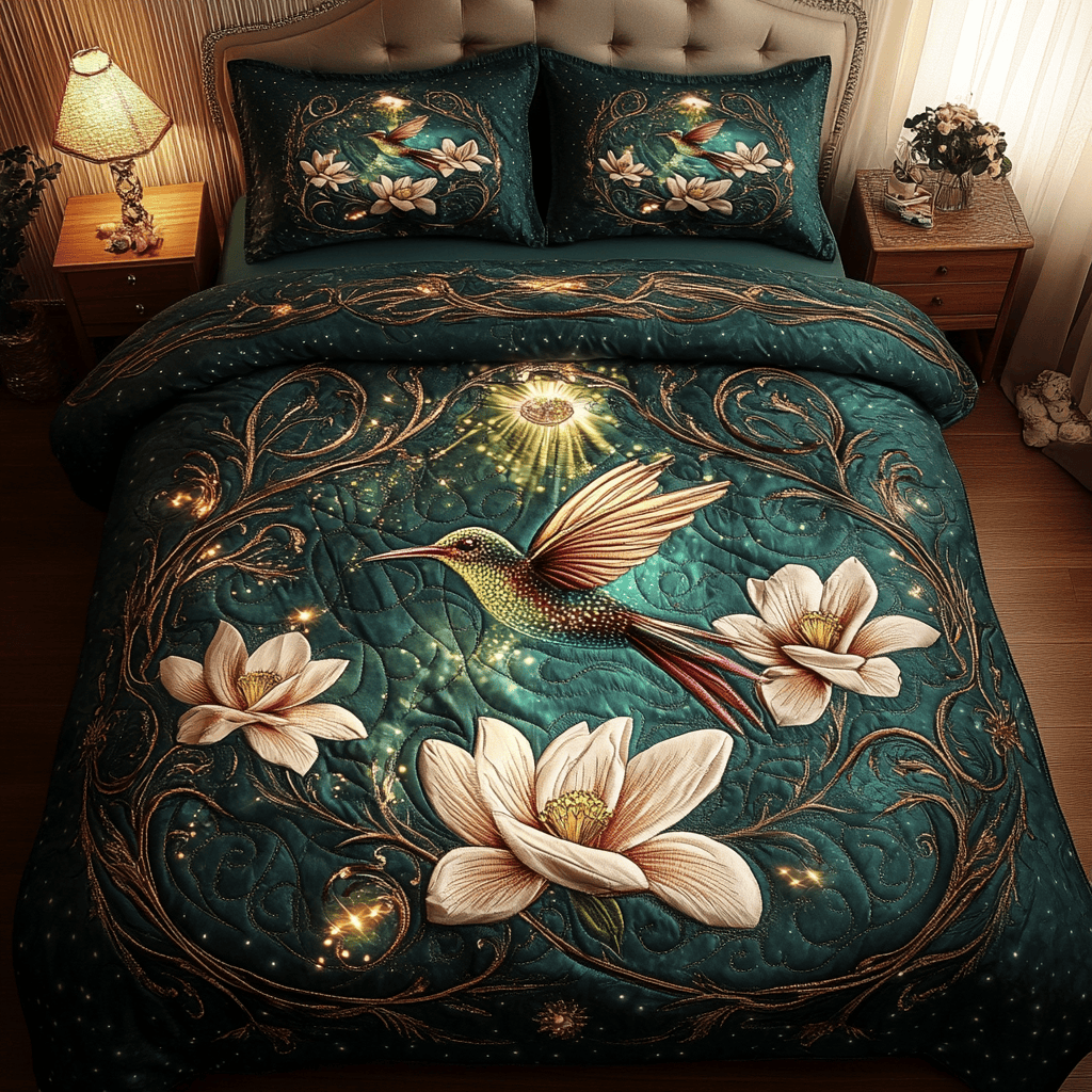 Garden Glimmer Quilted Bedding Set Hummingbird Gifts For Her