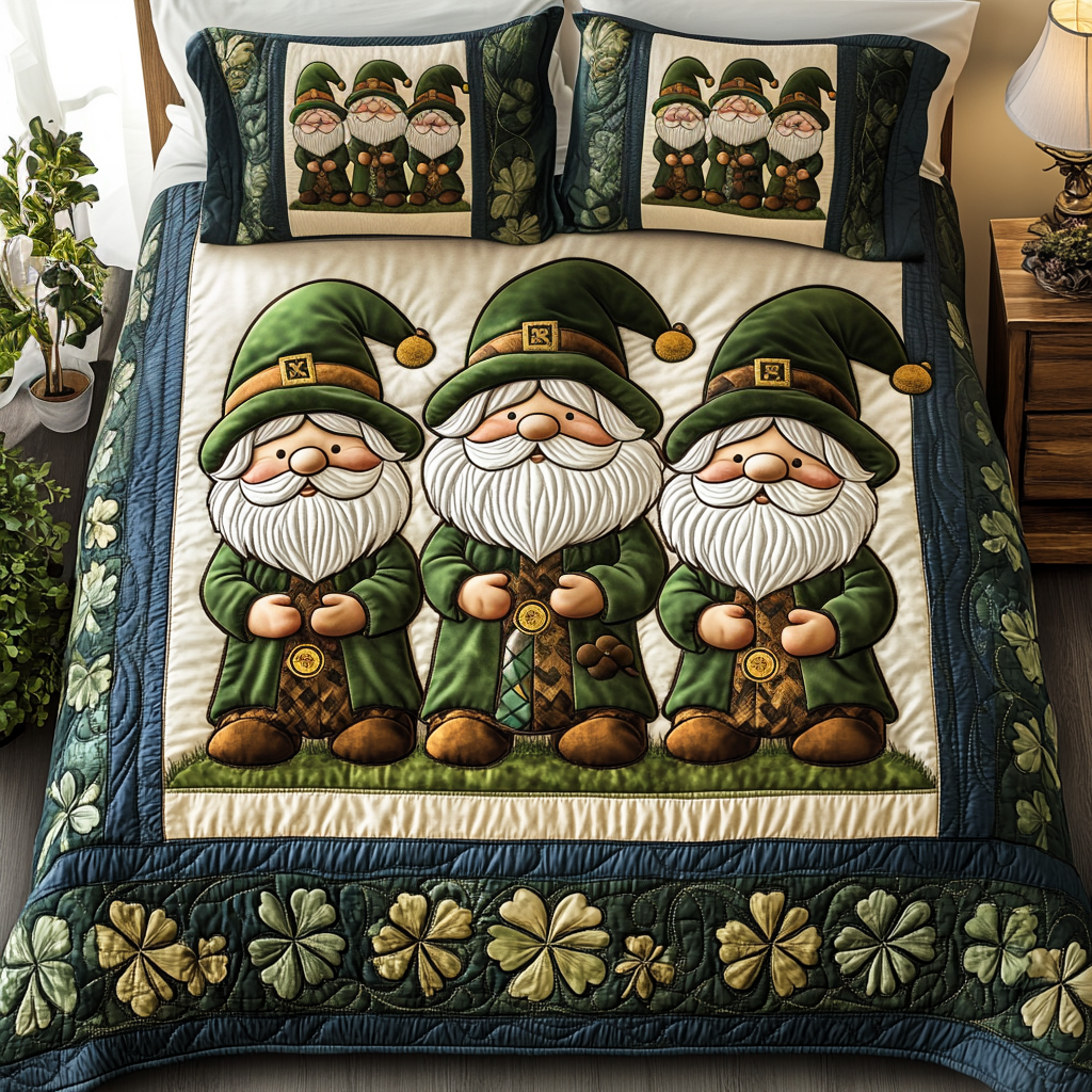 Gnomes in Cloverland Quilted Bedding Set Best Gnome Gifts
