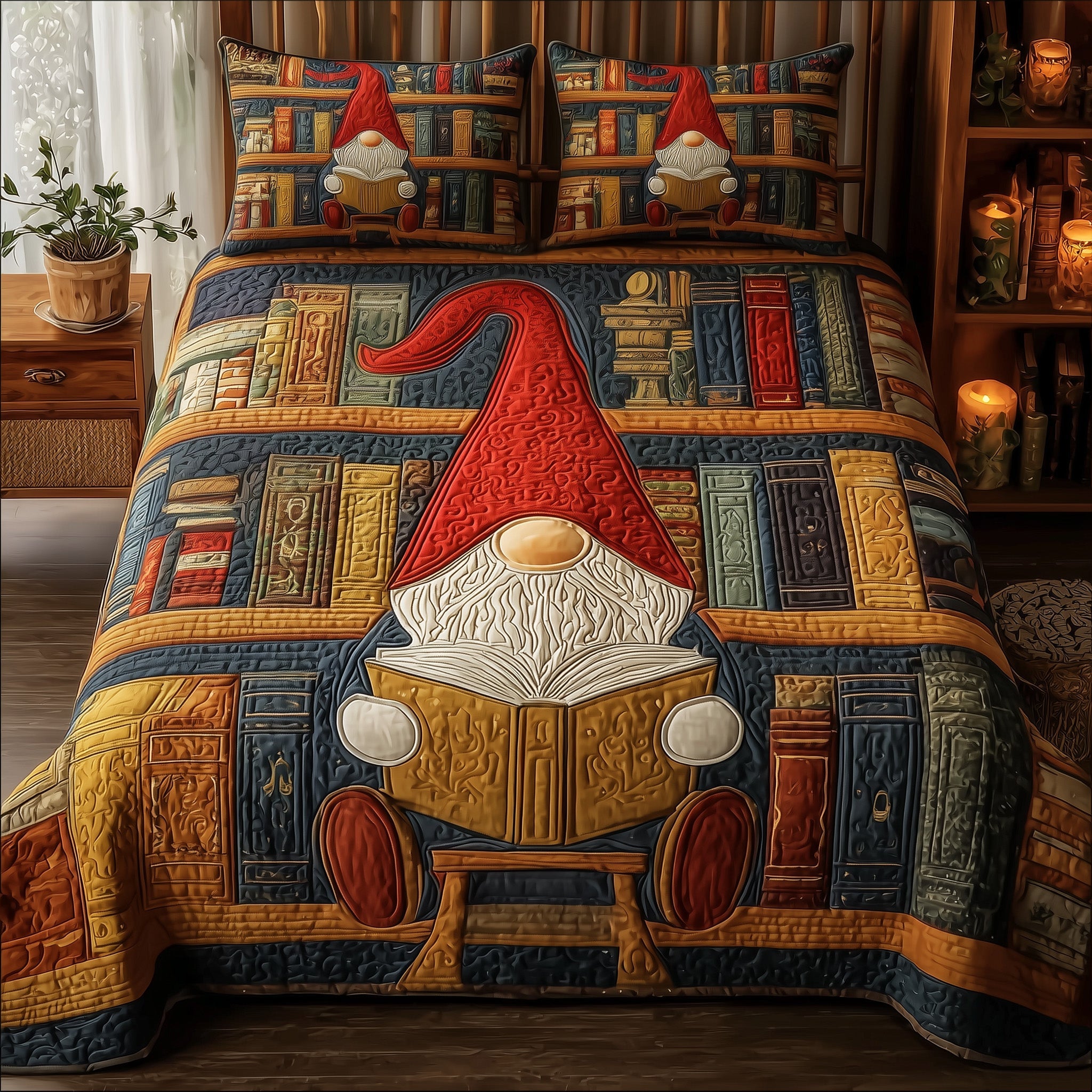 Gnow Librarian Quilted Bedding Set Bookish Forest Friend Unique Autumn Bedroom Gifts