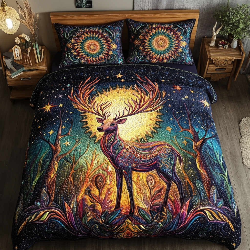 Golden Antler Charm Quilted Bedding Set Gifts For Deer Lovers