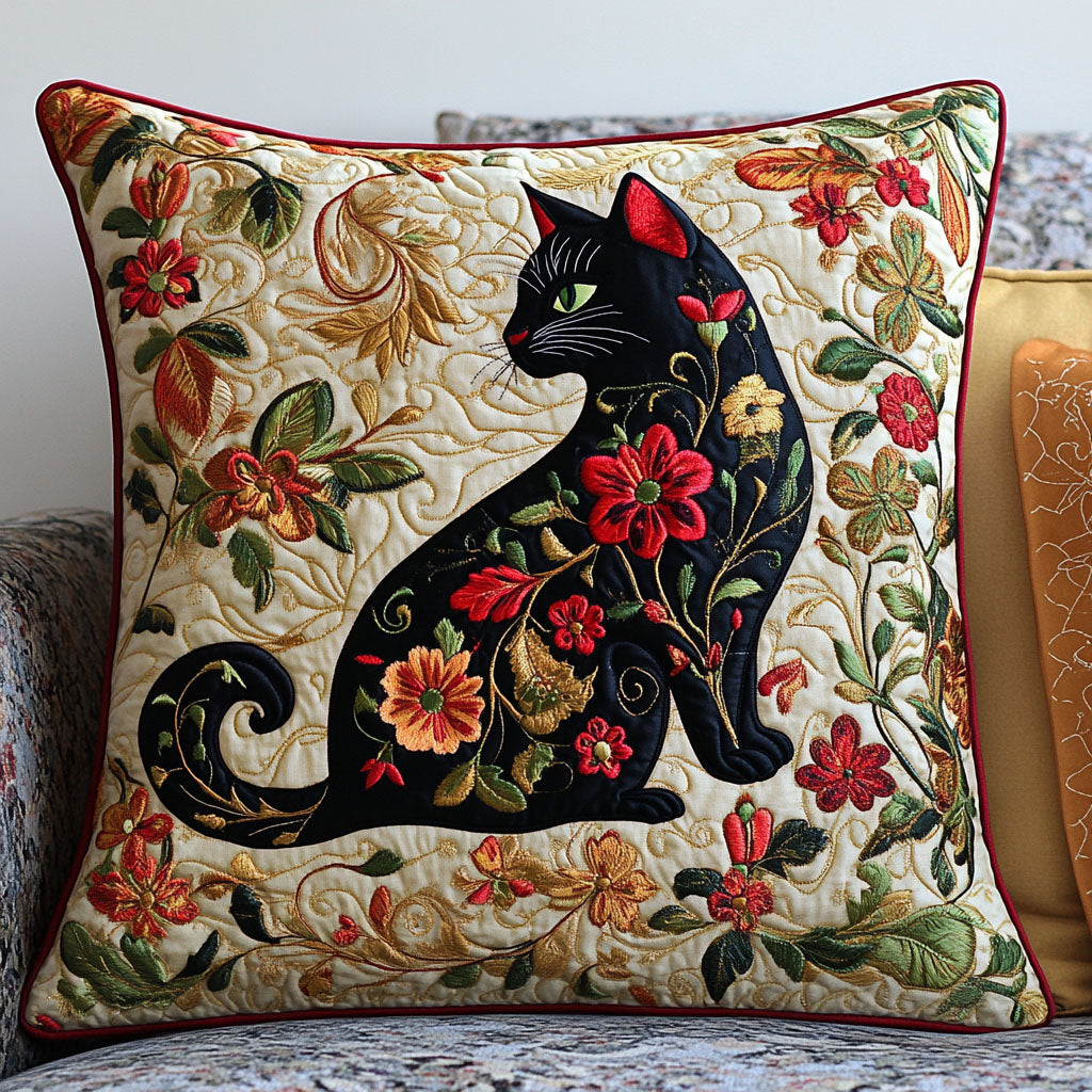 Golden Cat Flourish Quilted Pillow Case Throw Pillow Cases Gift For Cat Lover