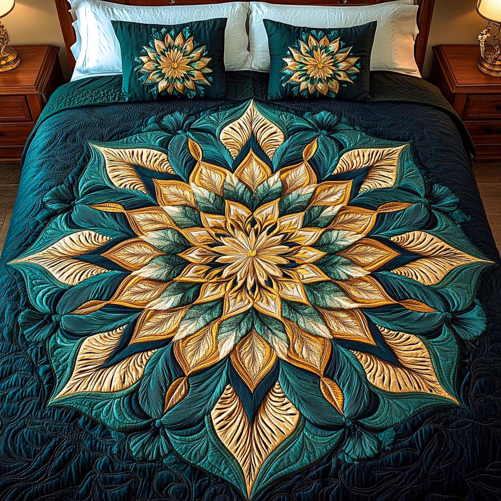 Golden Elegance Quilted Bedding Set Christmas Floral Gifts