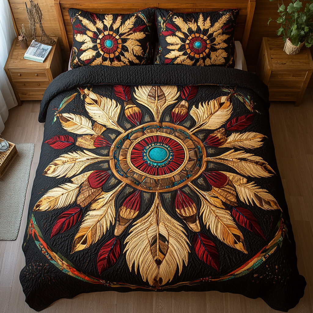 Golden Feather Mandala Quilted Bedding Set Native American Presents