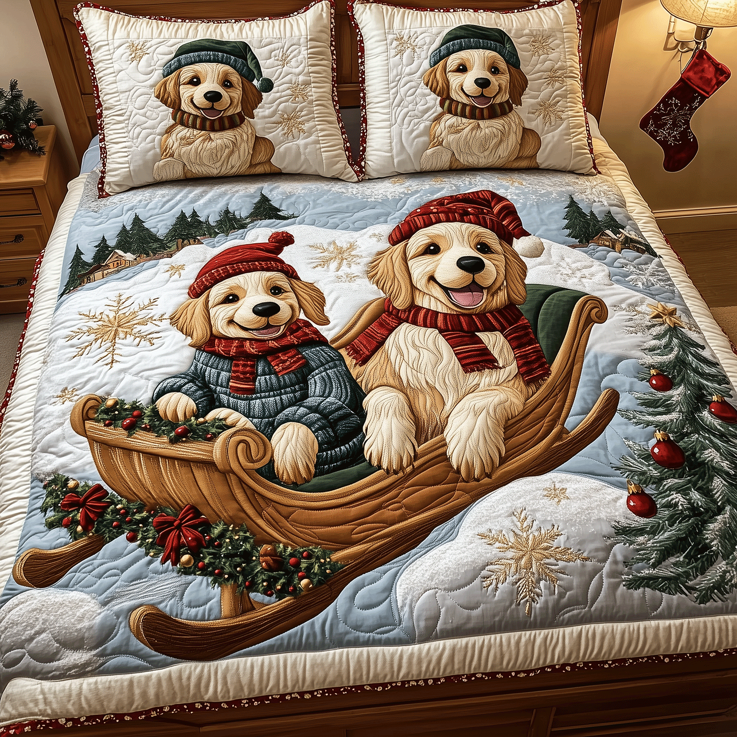 Golden Festive Fun Quilted Bedding Set Presents For Dog Owners