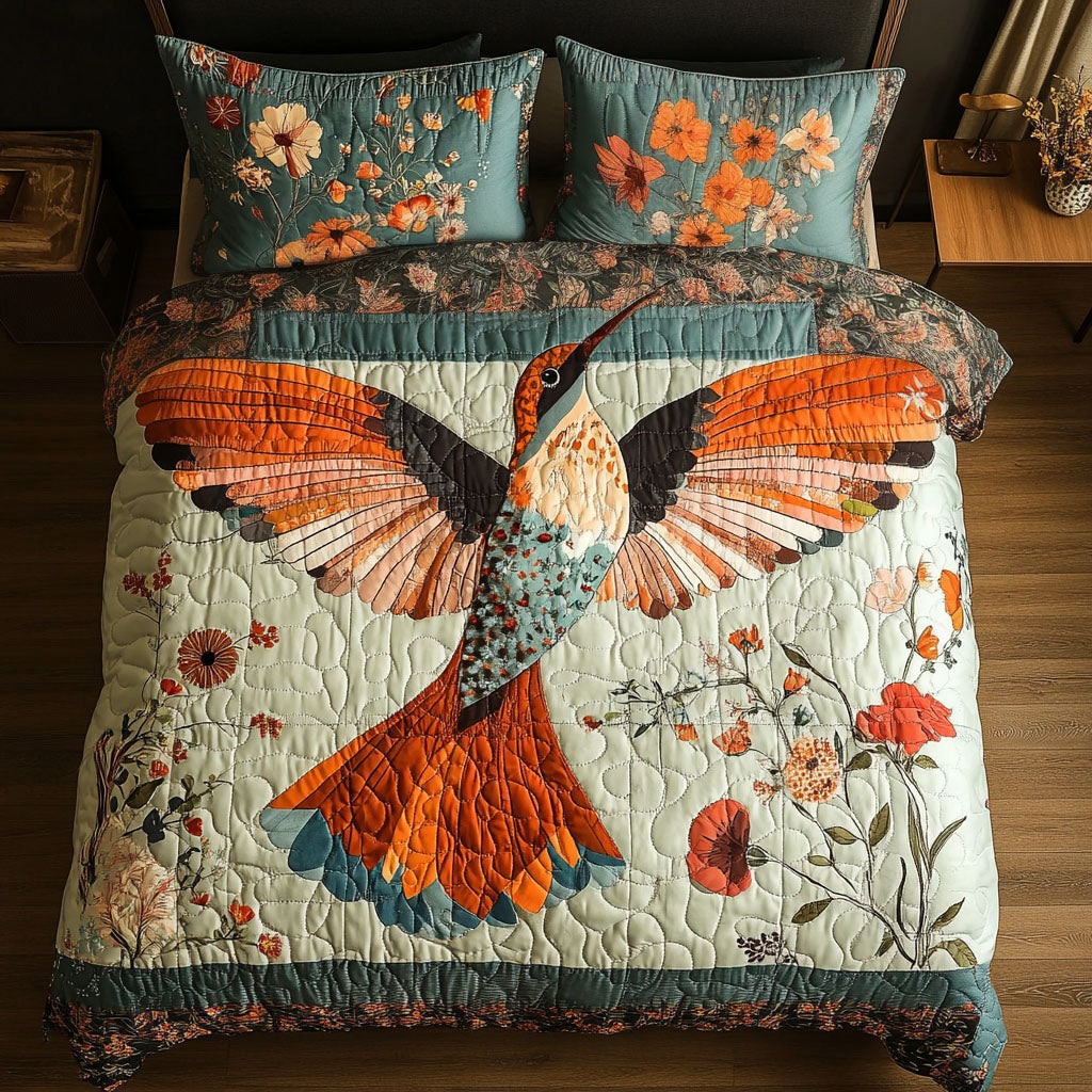 Golden Glow Quilted Bedding Set Aesthetic Room Decor Best Hummingbird Lover Gifts For Her