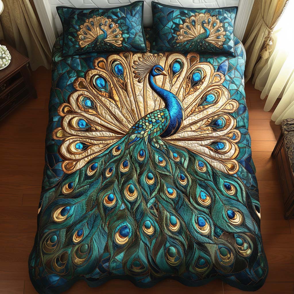 Golden Tail Symphony Quilted Bedding Set Gift Ideas For Bird Lovers