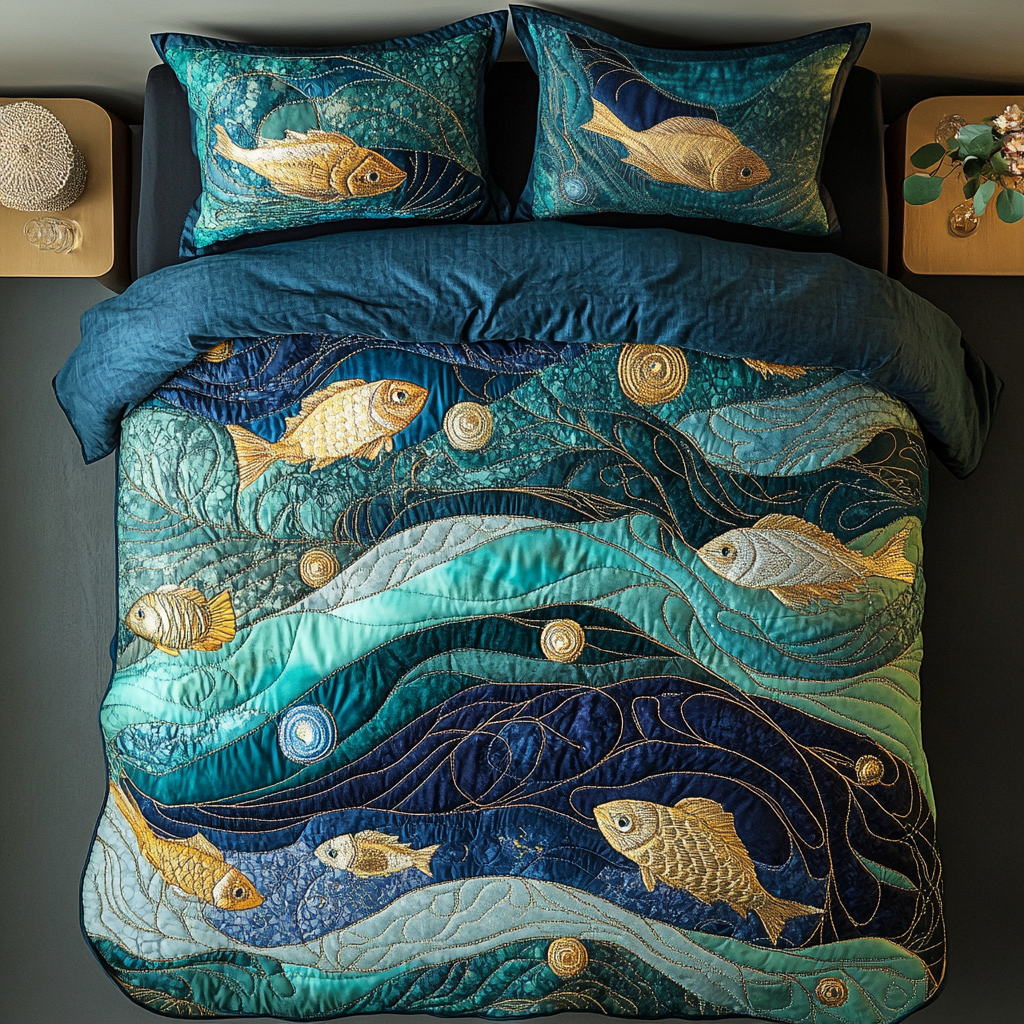 Golden Tides Quilted Bedding Set Gifts For An Ocean Lover