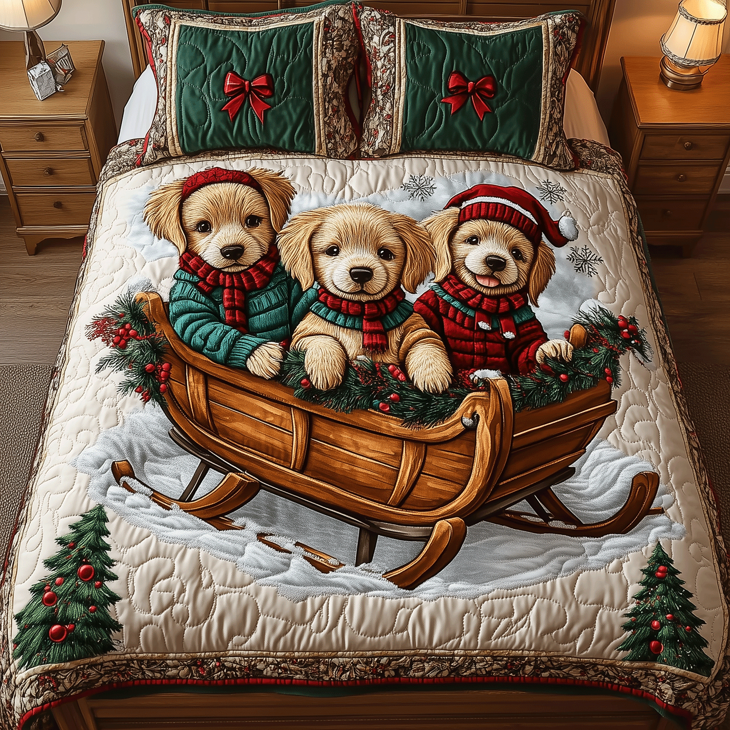 Golden Winter Bliss Quilted Bedding Set Perfect Gift For Dog Lovers