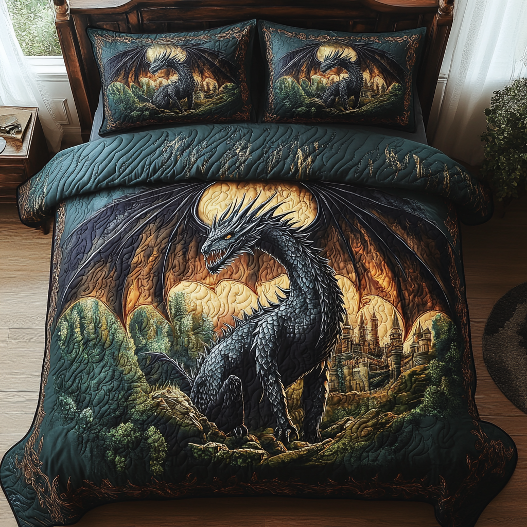 Golden Wyrm Quilted Bedding Set Cool Bedroom Decor Awesome Gifts For Dragon Lovers
